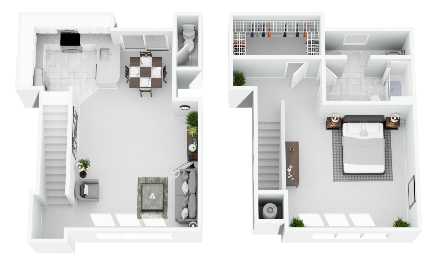 A white floor plan of a two-story house with a living room